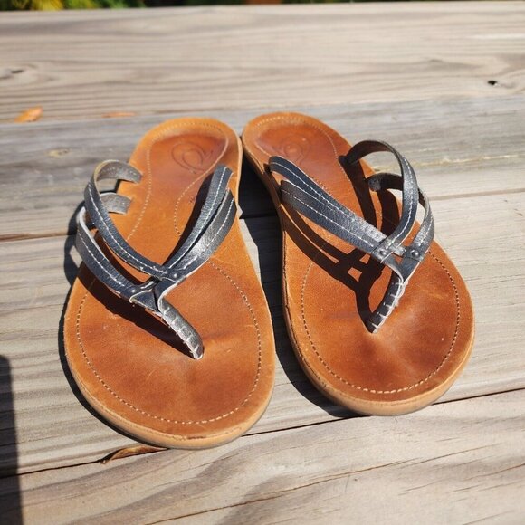 OluKai Shoes Womens 6 U'i Sandals Silver Leather Thong Flip Flop Slip On Flats - Picture 4 of 9
